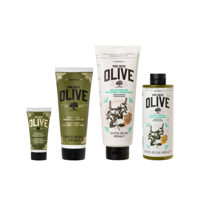 Olive Ginger Mint + Crepe Rescue 4pc set: 400ml Body Cream, 400ml Shower Gel, 200ml Butter Balm, 30ml Rescue Intensive Hand Cream