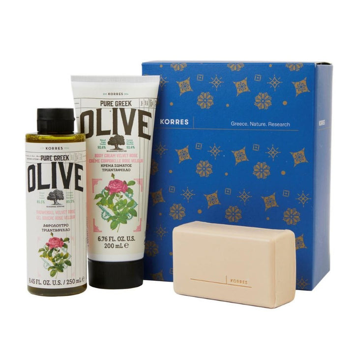 Pure Greek Olive Velvet Rose Set: Shower Gel 250ml, Body Cream 250ml, Solid Balm Soap 250g